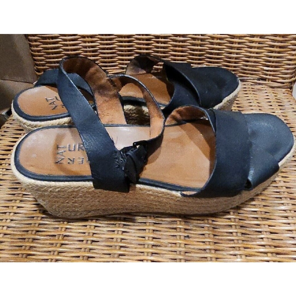 NATURALIZER Womens Shoes Black Leather Rope‎ Wedges Straps Buckle Sandals Size 8